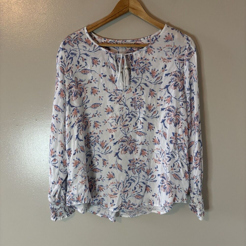 Lucky Brand Womens Peasant Top Blue Orange Paisley Smocked Cottage Blouse Sz XL